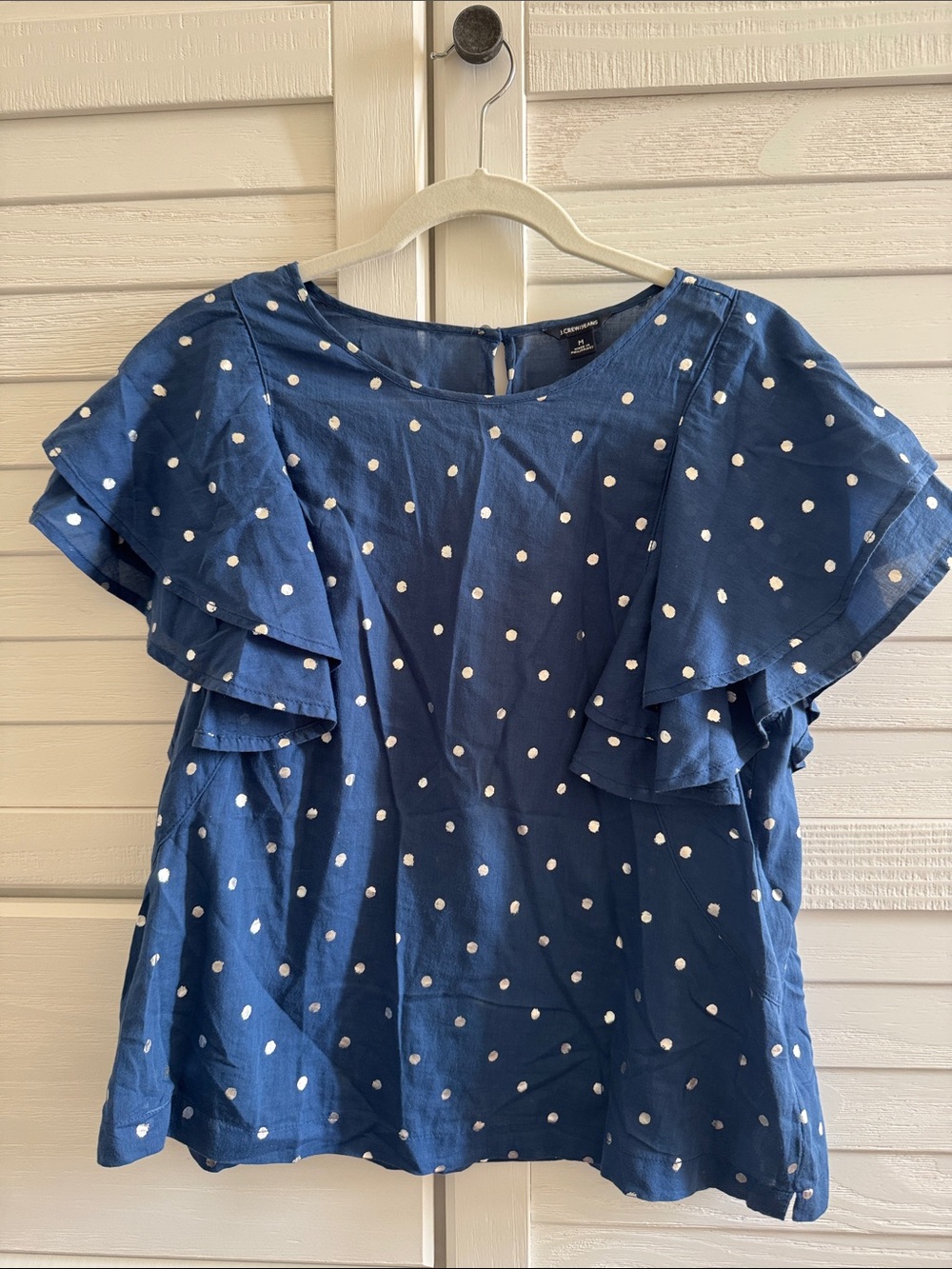 J.Crew Jeans Navy Silver Polka Dot Flutter Sleeve Blouse, Size M